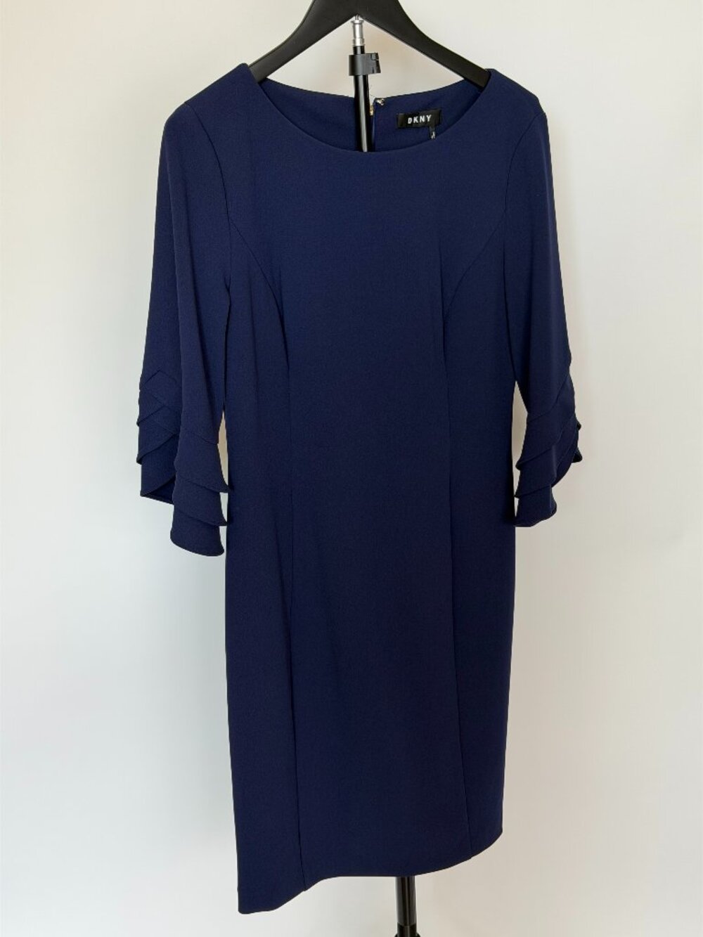 DKNY Navy Blue 3/4 Sleeve Ruffle Sheath Dress